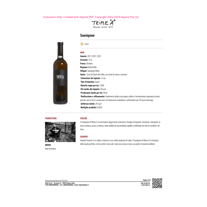 VINO BIANCO SAUVIGNON MOVIA 75 CL