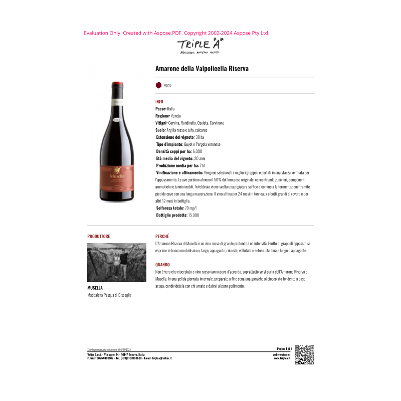 VINO ROSSO AMARONE RISERVA 2016 MUSELLA 75 CL