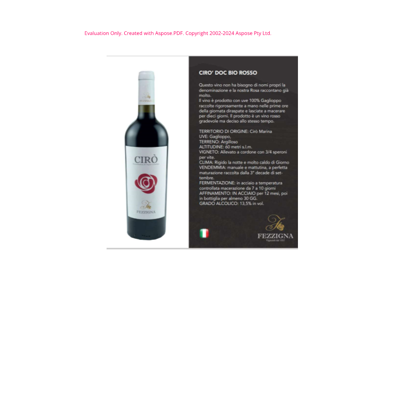 VINO ROSSO CIRO' DOC BIO FEZZIGNA 75 CL