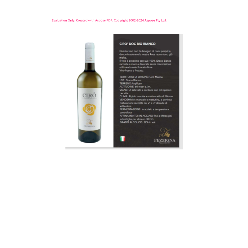 VINO BIANCO CIRO' DOC BIO FEZZIGNA 75 CL