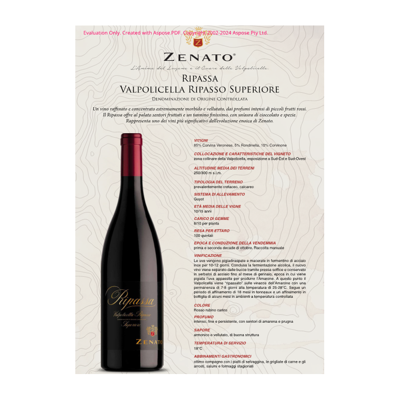 VINO VALPOLICELLA RIPASSO SUPERIORE ZENATO 75 CL