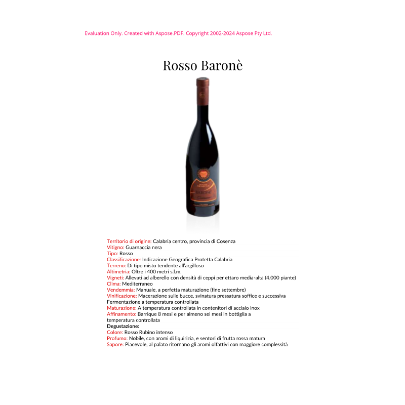 VINO ROSSO BARONE' MAGNA GRAECIA 75 CL