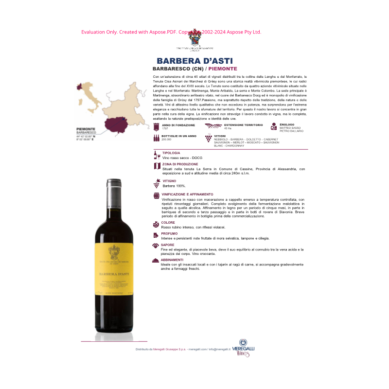 VINO ROSSO BARBERA D'ASTI MARCHESI DI GRESY 75 CL