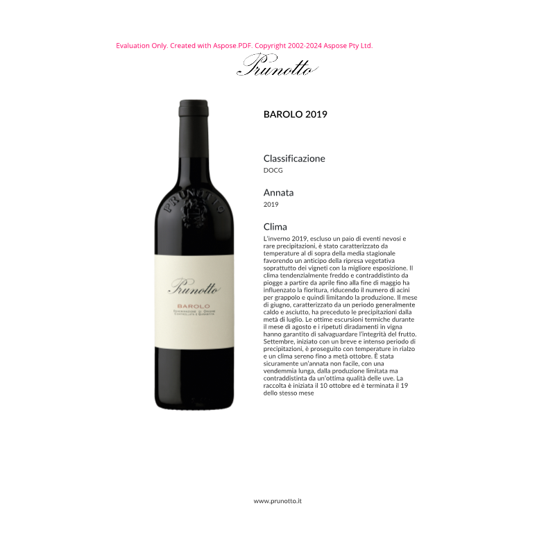 VINO ROSSO BAROLO PRUNOTTO 75 CL