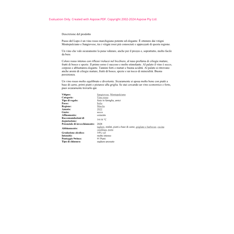 VINO ROSSO CONERO PASSO DEL LUPO TENUTE S.SISTO 75