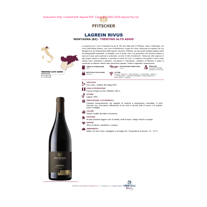 VINO ROSSO LAGREIN RIVUS PFITSCHER 75 CL