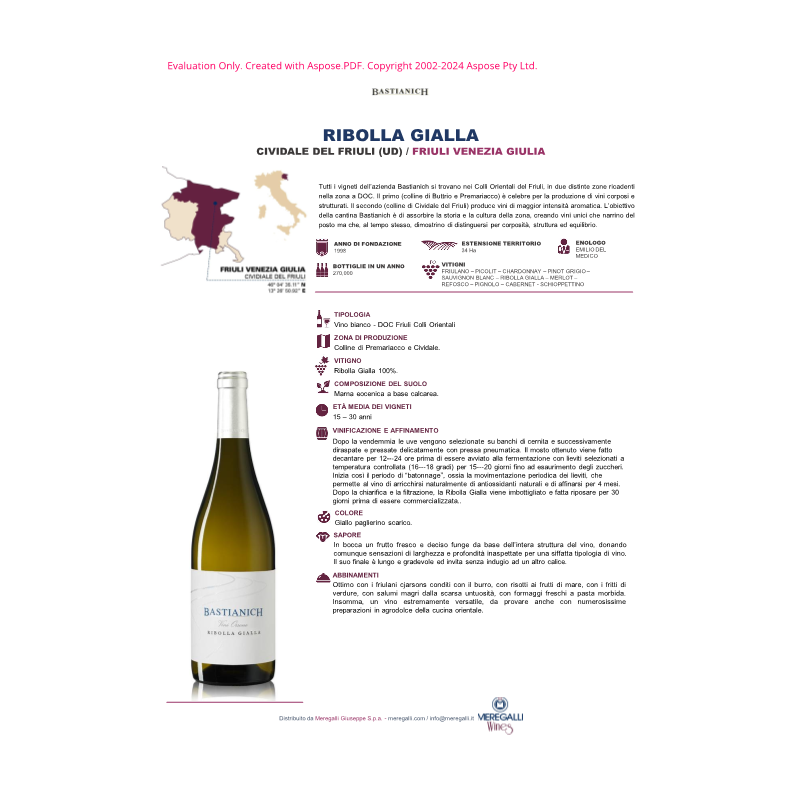 VINO BIANCO RIBOLLA GIALLA BASTIANICH 75 CL