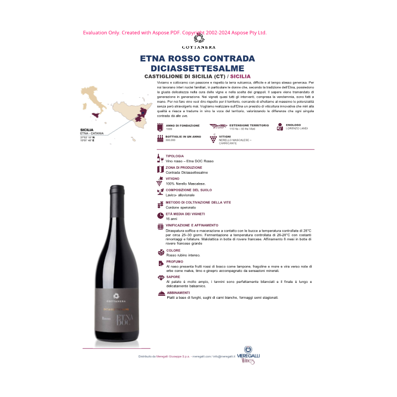 VINO ROSSO DICIASSETTESALME ETNA DOC COTTANERA 75