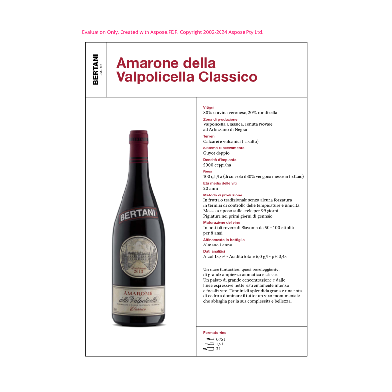 VINO ROSSO AMARONE VALPOLICELLA DOCG BERTANI 1,5 L