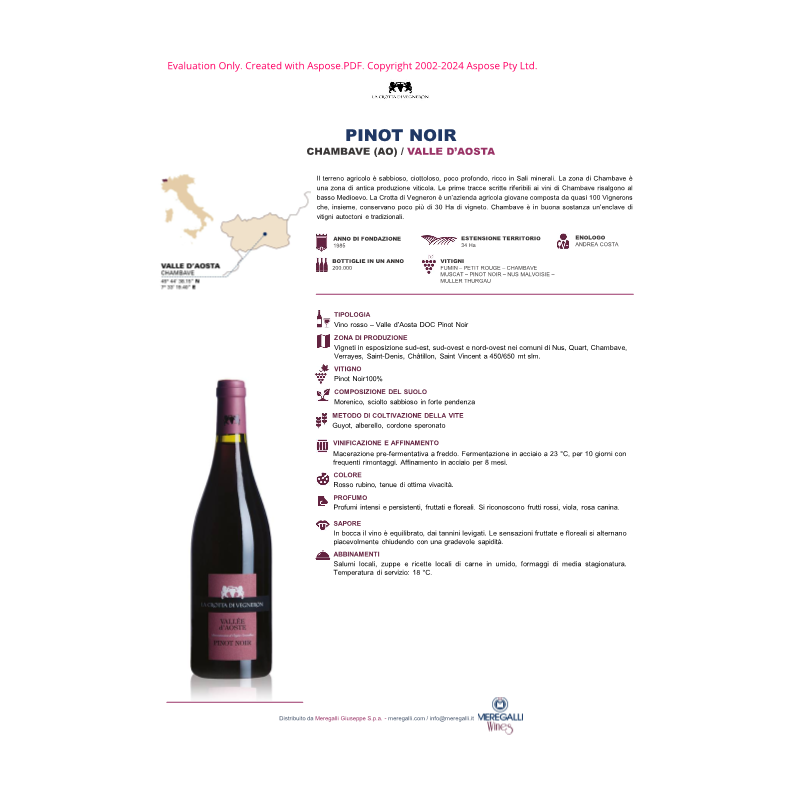 VINO ROSSO PINOT NOIR CROTTA DI VEGNERON 75 CL