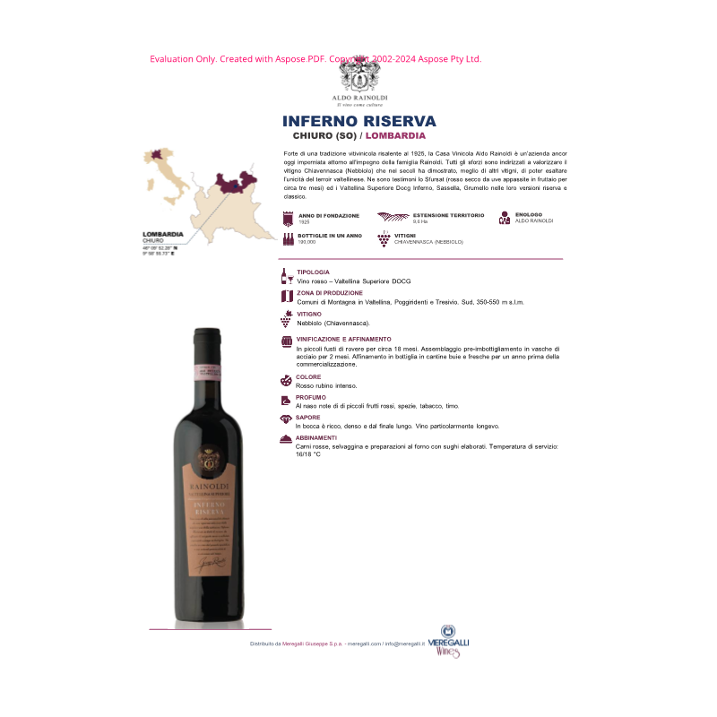 VINO ROSSO INFERNO RISERVA RAINOLDI 75 CL