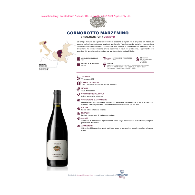 VINO ROSSO CORNOROTTO MARZEMINO MACULAN 75 CL