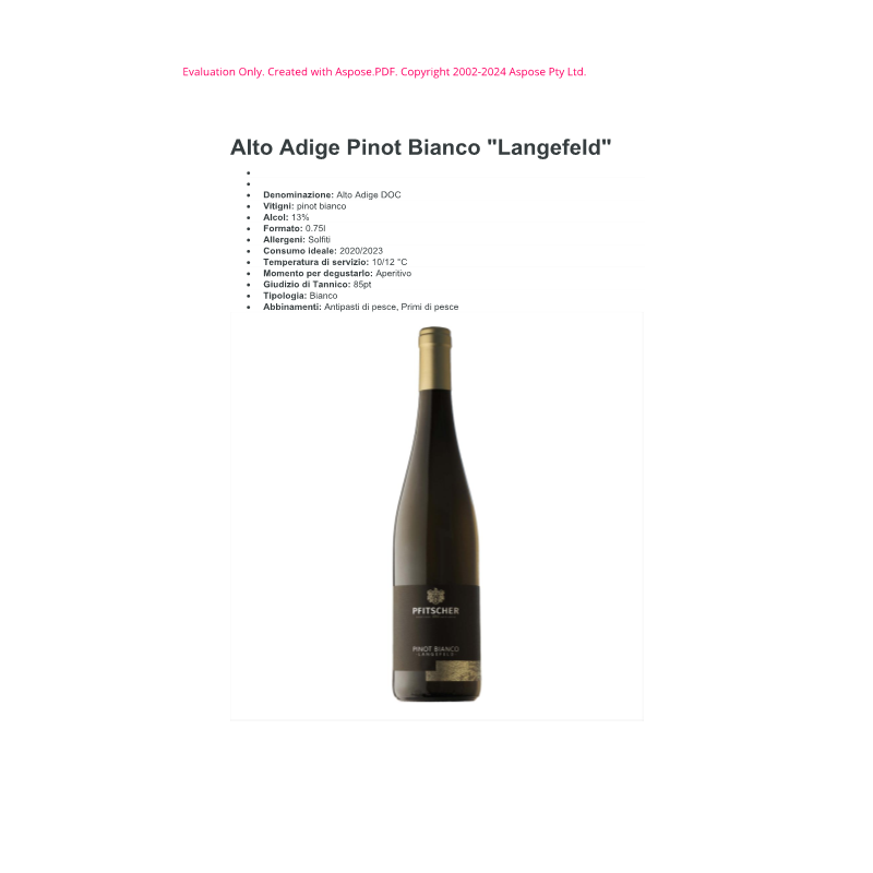 VINO PINOT BIANCO LANGEFELD PFITSCHER 75 CL