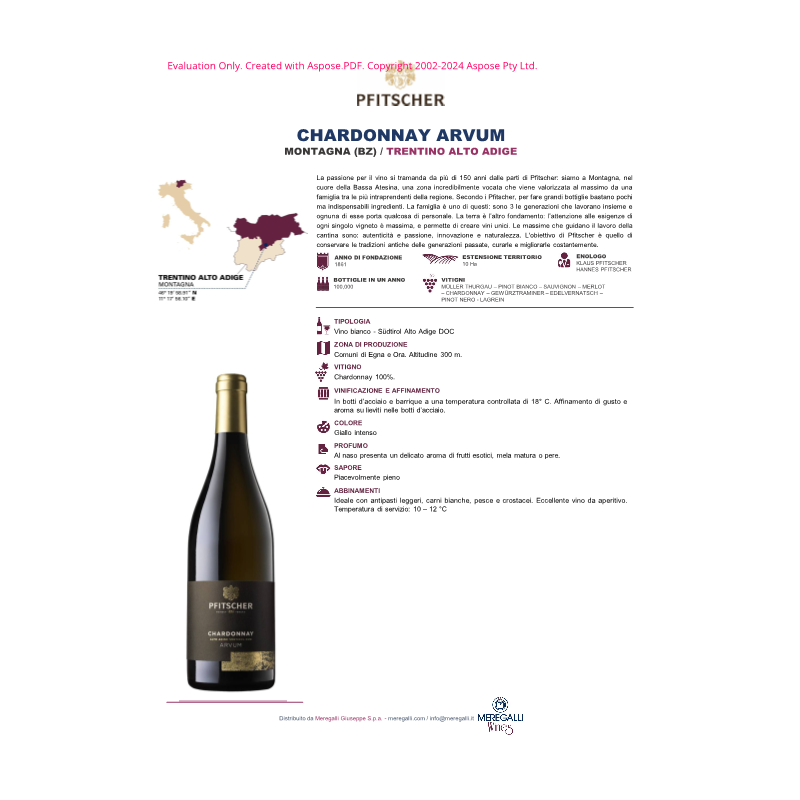 VINO BIANCO CHARDONNAY ARVUM PFITSCHER 75 CL