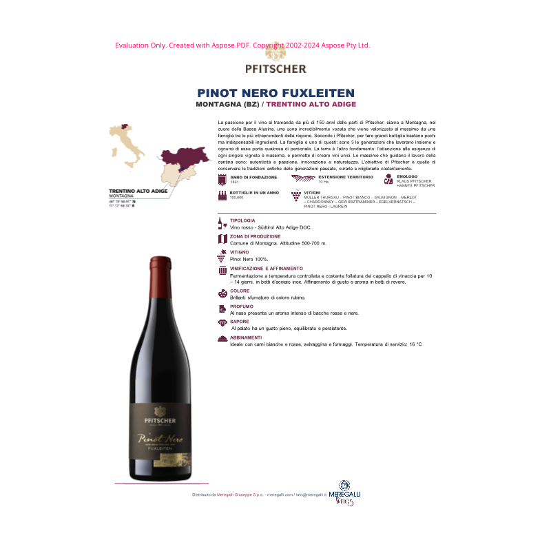 VINO ROSSO PINOT NERO FUXLEITEN PFITSCHER 75 CL