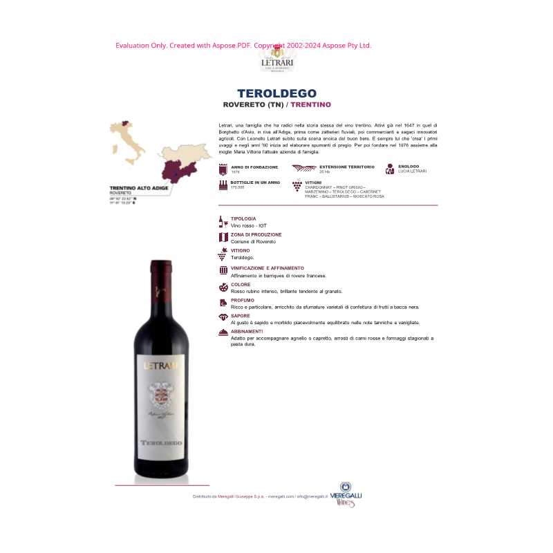 VINO ROSSO TEROLDEGO LETRARI 75 CL