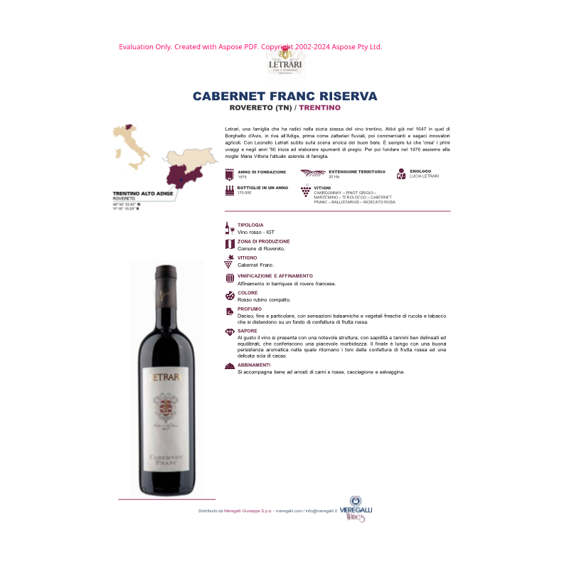 VINO ROSSO CABERNET FRANC LETRARI 75 CL