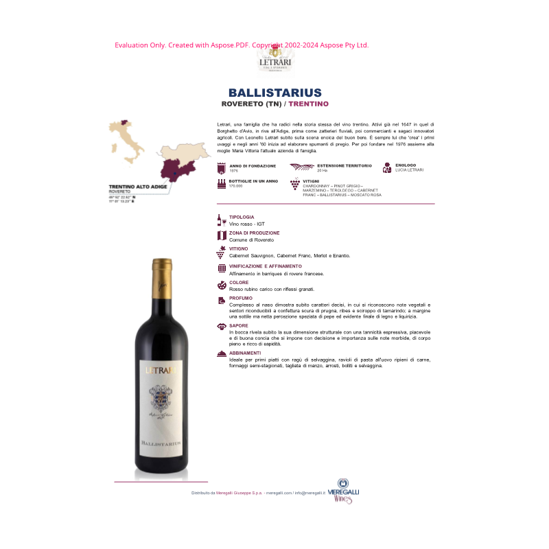 VINO ROSSO BALLISTARIUS LETRARI 75 CL