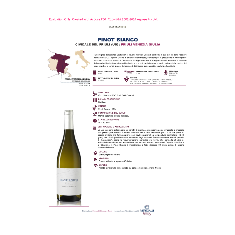 VINO BIANCO PINOT BIANCO BASTIANICH 75 CL