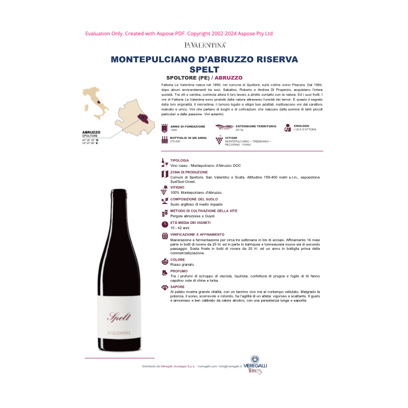 VINO ROSSO MONTEPULCIANO SPELT LA VALENTINA 75 CL