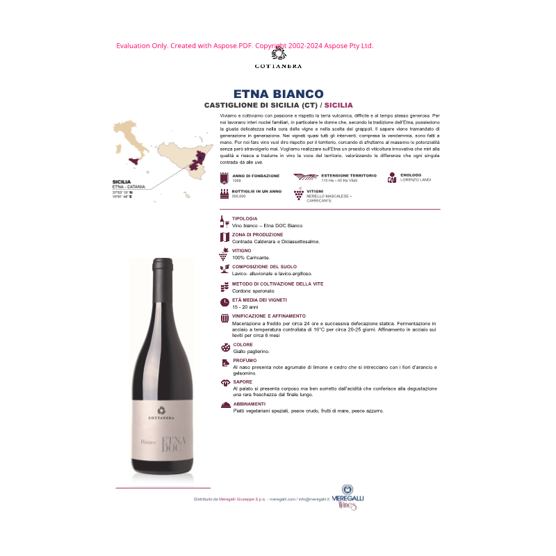 VINO BIANCO CALDERARA ETNA DOC COTTANERA 75 CL