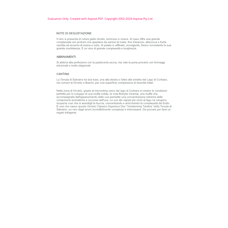 VINO BIANCO SALVIANO VENDEMMIA TARDIVA TENUTA DI S
