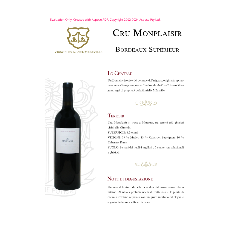 VINO ROSSO BORDEAUX SUP. CRU MONPLASIR 75 CL