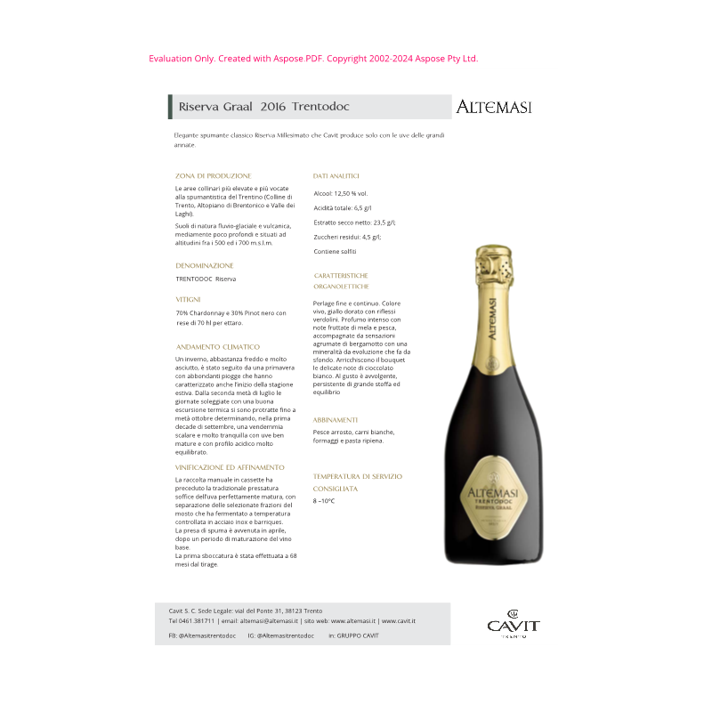 SPUMANTE BRUT TRENTODOC RISERVA GRAAL 2016 ALTEMAS